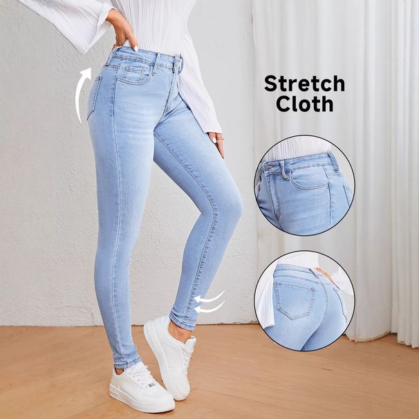 Women’s Slim Fit Stretch Jeans - Classic Sky Blue Skinny Denim Pants, Comfortable High Elasticity Casual Trousers For Daily Wear_ecoleips.com