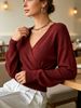 Burgundy Wine Deep V Wrap Pit Rib Knit Sweater, Loose Lightweight Breathable Soft Skin-touch Long Sleeve Slim Waist Pullover_ecoleips.com