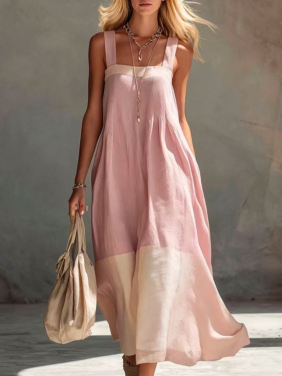 Women's Elegant Color Block Patchwork Suspender Long Dress New Fashionable Clothing_ecoleips.com