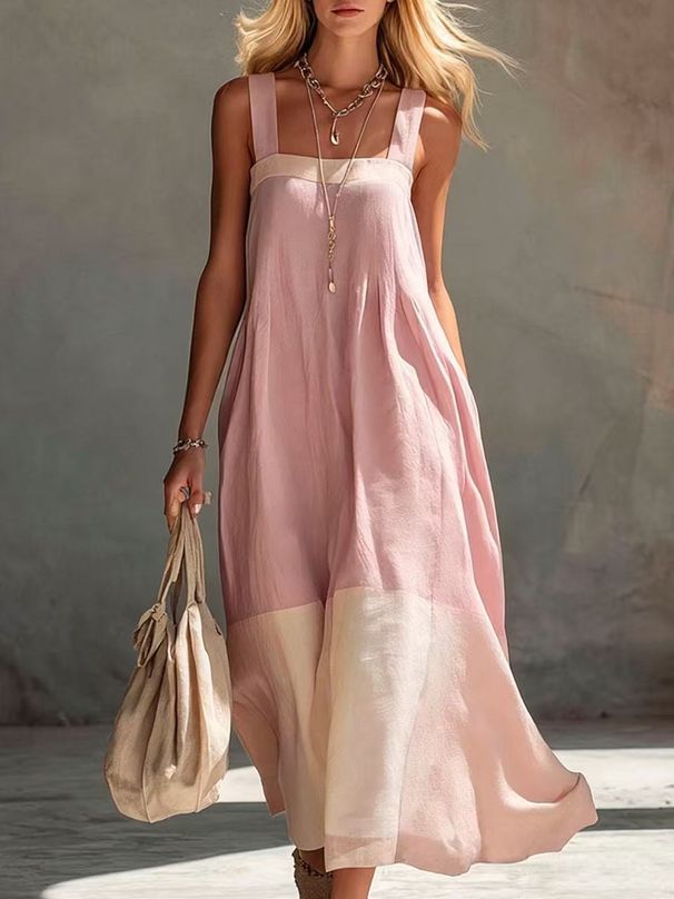 Women's Elegant Color Block Patchwork Suspender Long Dress New Fashionable Clothing_ecoleips.com