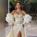 Wedding Dress With Small Train, Slim Waist And Hips, Body Hugging Satin Two Piece Set, Detachable Puff Sleeves, Tube Top Wedding Dress_ecoleips.com