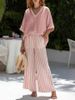 Women's V Neck Striped Wide Leg Pants Suit Two Piece Set European American Style Independent Website High End Faux Linen Summer Cross Border_ecoleips.com