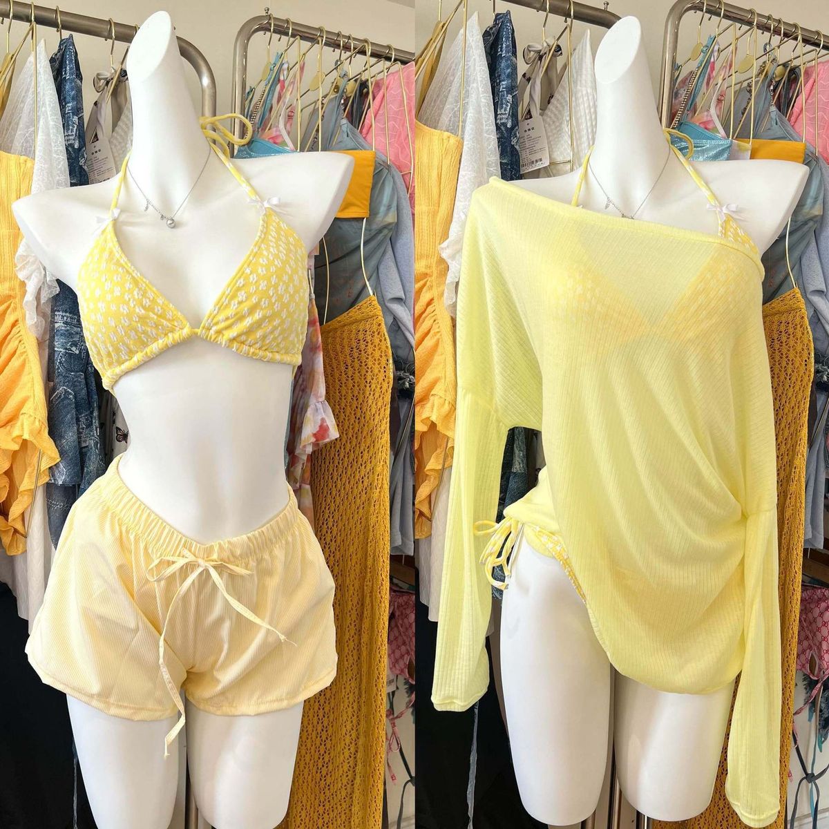 Women's 4-Piece Swimsuit Set Bikini With Cover-Up Shorts & Flowy Beach Shirt_ecoleips.com