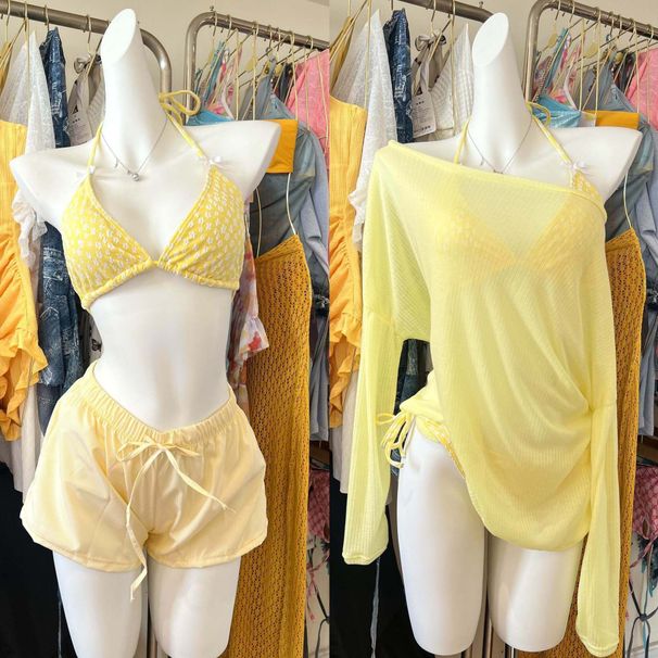 Women's 4-Piece Swimsuit Set Bikini With Cover-Up Shorts & Flowy Beach Shirt_ecoleips.com