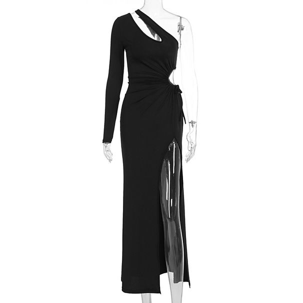 Women One Shoulder Slant Neck Long Sleeve Dress Cutout Hollow Out Slit Maxi Dress Elegant Casual Party Vacation Long Dress For Women_ecoleips.com