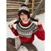 girl Fair Isle Christmas Night Retro Red Winter Diamond Block Heavy Craft Sweater Top One Size Coffee Color_ecoleips.com