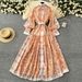 Women's Clothing Early Spring Holiday Style Stand Up Collar Lantern Sleeve Print Single Breasted Waist Dress Women's Pleated Elegant Long Skirt_ecoleips.com