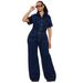 Loose Elastic Flared Washed Short Sleeved Denim Jumpsuit Jumpsuit Wide Leg Pants_ecoleips.com