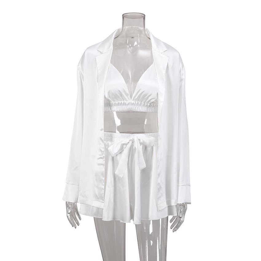 Autumn European And American Sexy Pajamas Three-Piece Set Silk Long Sleeve Bathrobe Cross-Border Satin Lingerie_ecoleips.com