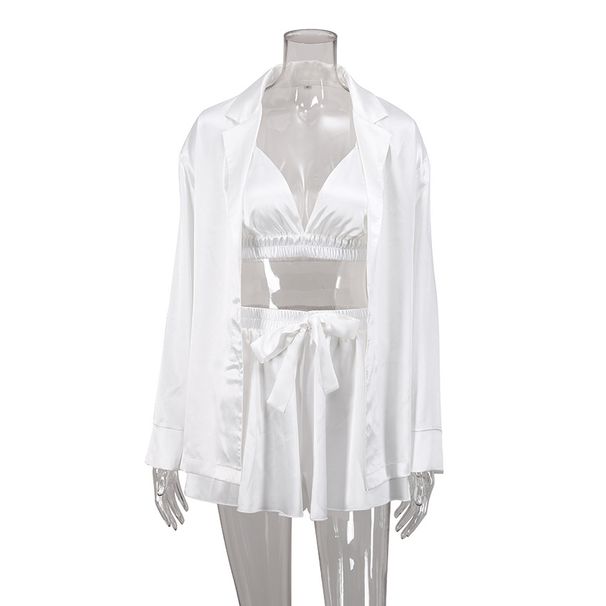 Autumn European And American Sexy Pajamas Three-Piece Set Silk Long Sleeve Bathrobe Cross-Border Satin Lingerie_ecoleips.com