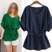 Women's Clothing Women's V Neck Linen Short Sleeved Shirt Bat Sleeve Large Size Loose Waist Cotton And Linen Top_ecoleips.com