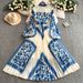 Retro Temperament Stand Collar Dress For Women 2025 Summer Fashion Waist Slimming Print Big Swing Pleated Long Skirt_ecoleips.com