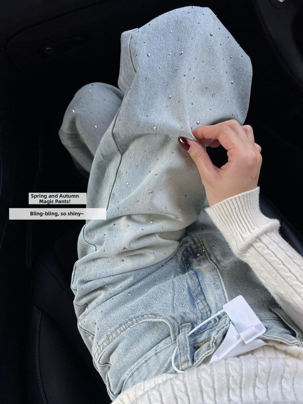 Women's Rhinestone Flared Jeans – High Waist Wide Leg Trousers With Straight Cut & Floor-Length Hem (S-2xl, Light Blue Cotton Denim)_ecoleips.com