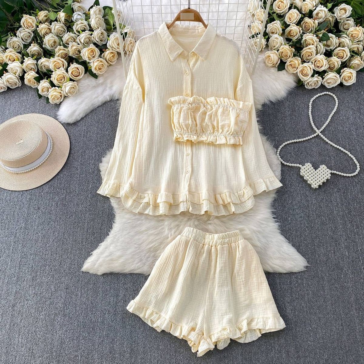 Sweetheart Summer 3-Piece Set – Ruffle Sleeve Blouse + Wrap Bustier + Floral Shorts (Mint/Green/Beige/White/Yellow/Rose, One Size Fits S-L)_ecoleips.com