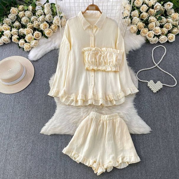 Sweetheart Summer 3-Piece Set – Ruffle Sleeve Blouse + Wrap Bustier + Floral Shorts (Mint/Green/Beige/White/Yellow/Rose, One Size Fits S-L)_ecoleips.com