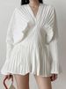 Fashion Women Blouses Solid Color V-neck Puff Sleeve Folds Girdle Waist Slim Pullover Shirts Button Up Designer Shirt Women L4SW_ecoleips.com