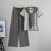 Women's Clothing Temperament Leisure Sports Knitted Suit Loose Lace Short Sleeved Striped Top Wide Leg Pants Two Piece Suit_ecoleips.com