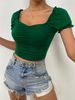 fashion Square Collar Slim Lace Short-sleeved Short T-shirt Pleated Design Pure Color Top_ecoleips.com