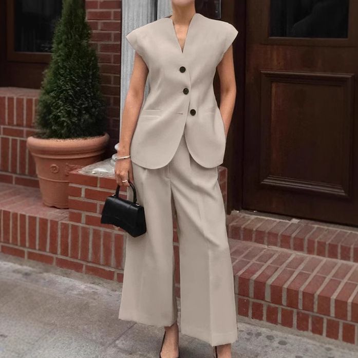 Women's Clothing Fashion Khaki Waistcoat Vest Wide Leg Pants Two piece Suit_ecoleips.com