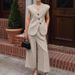 Women's Clothing Fashion Khaki Waistcoat Vest Wide Leg Pants Two piece Suit_ecoleips.com