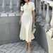 Women's Clothing Summer Dress Round Neck Contrast Color Short Sleeve Long Dress Hollow Slim Fishtail Knitted Dress_ecoleips.com
