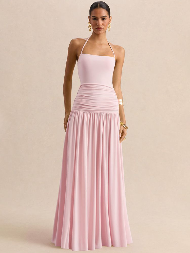 Mozision Off-shoulder Strapless Sexy Maxi Dress Women Elegant Halter Sleeveless Backless Pleated Ruched Bodycon Club Party Dress_ecoleips.com