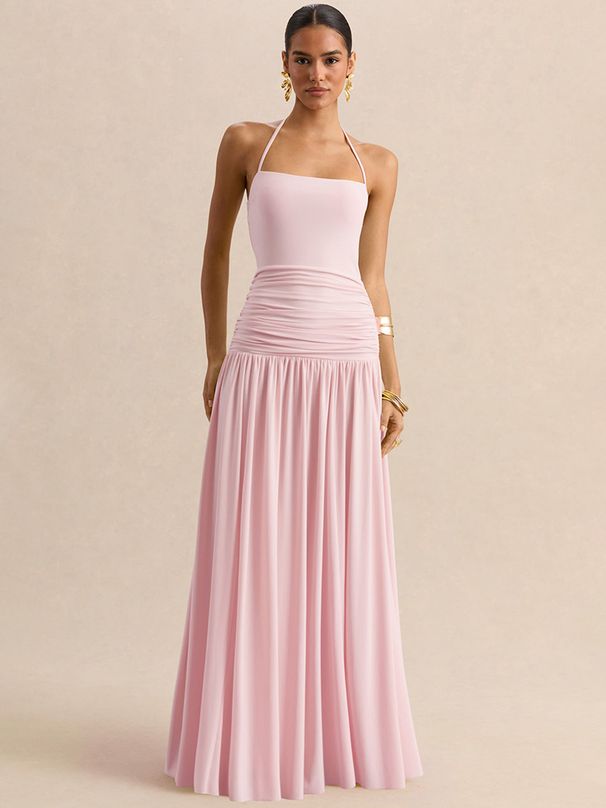 Mozision Off-shoulder Strapless Sexy Maxi Dress Women Elegant Halter Sleeveless Backless Pleated Ruched Bodycon Club Party Dress_ecoleips.com