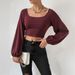 Voya Women's New Wine Red Square Neck Short Knitted Top For Spring And Summer, Long Sleeved Retro Lantern Sleeves, Slim Fit Bottom Shirt_ecoleips.com