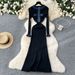 Women's Clothing Autumn And Winter New Style Dress Mid Length Long Sleeved Denim Stitching Bottom A Line Sweater Dress_ecoleips.com