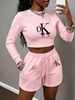 Women's Clothing In Stock Trendy Cross Border Brand Spring/summer New Arrival Letter Print Crew Neck Cropped Sweatshirt + Elastic Waist Shorts_ecoleips.com