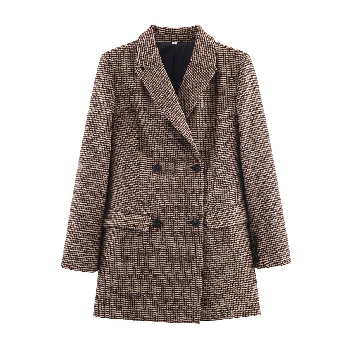Women's Spring Longline Double-Breasted Houndstooth Blazer Coat – Classic European Style, Regular Fit, Long Sleeve, Versatile Streetwear_ecoleips.com