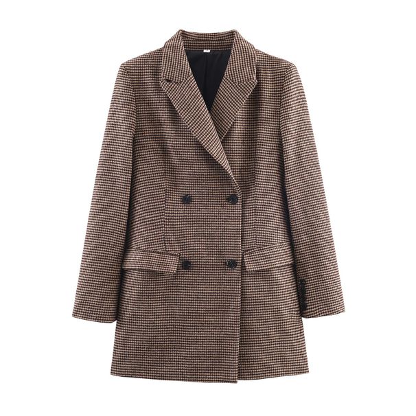 Women's Spring Longline Double-Breasted Houndstooth Blazer Coat – Classic European Style, Regular Fit, Long Sleeve, Versatile Streetwear_ecoleips.com