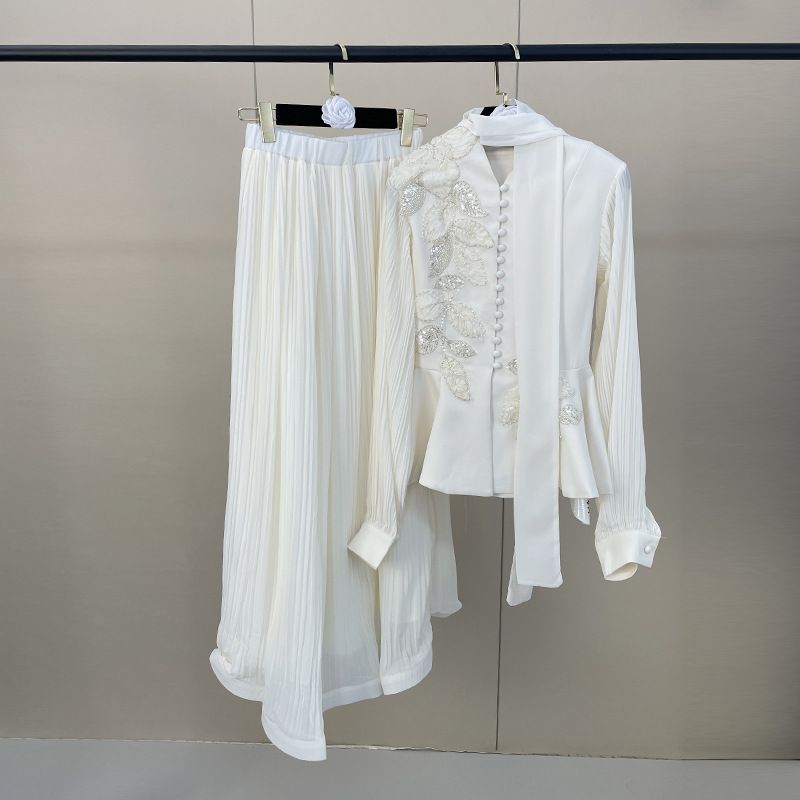 Elegant Two-Piece Set For Women, Beaded Top With Pleated Wrap Skirt, Waist-Defining Outfit_ecoleips.com