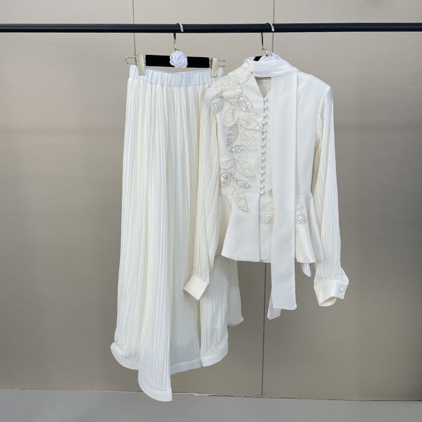 Elegant Two-Piece Set For Women, Beaded Top With Pleated Wrap Skirt, Waist-Defining Outfit_ecoleips.com
