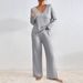 Women's Casual V-Neck Knit Sweater & Lounge Pants Set Soft Brushed Texture Loose Fit Two-Piece Outfit_ecoleips.com