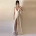 Women's Clothing Elegant Sexy Spaghetti Strap Slit V Neck Elegant V-Neck Slit Dress – Strapless Party Gown With Pleated Detail In Soft Beige (S-XXL)_ecoleips.com