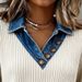 Denim Collar Knit Sweater - Fake Two-Piece V-Neck Ribbed Long Sleeve Casual Top For Women_ecoleips.com