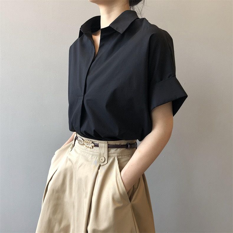 Retro Batwing Sleeve Shirt for Women Loose Fit Casual Blouse Oversized Classic Collar Breathable Summer Top Hong Kong Style_ecoleips.com