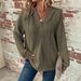 Women's Hooded Waffle Knit Drawstring Button V Neck Long Sleeved Pullover Casual Sports Sweatshirt_ecoleips.com