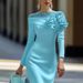 Elegant Women's Slim Fit Dress Solid Color Round Neck 3D Floral Decoration Party Dress Summer New Arriva_ecoleips.com