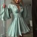 Women's Party French Satin Trumpet Sleeve Solid Color Long Sleeve Sexy V-Neck Waist Miniskirt Dress_ecoleips.com