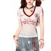 Retro Front Shoulder New Short-sleeved Contrasting Color Splicing Spice Girl Embroidery Pink Slim-fitting American Summer Slim Short Top_ecoleips.com