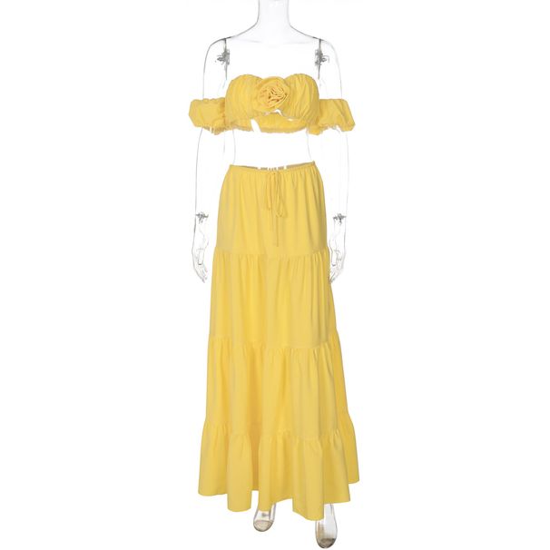 2025 Summer New Style Women's Fashion Solid Color Sexy Short Sleeve Strapless Tie Ruched Cake Skirt Set_ecoleips.com