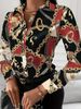 Women's Color Block Chain Print Button Shirt Stylish And Comfortable Long Sleeve Top For Spring And Fall_ecoleips.com