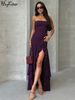 Hugcitar Strapless Solid Ruched Frill Sexy Elegant Slit Maxi Dress Summer Women Fashion Evening Party Outfit Festival Wholesale_ecoleips.com