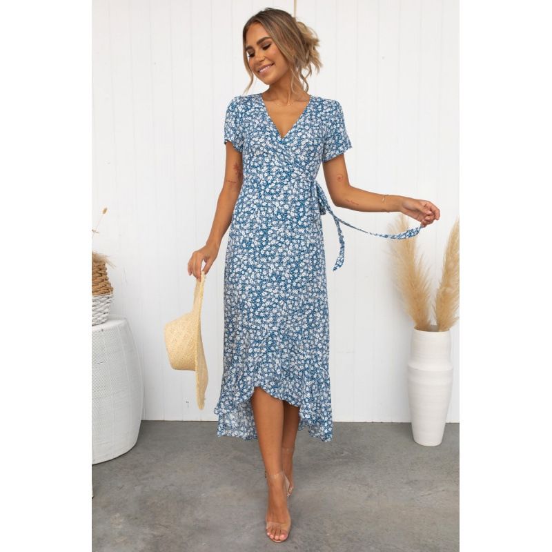 Summer New Style Women V Neck Short Sleeve Printed Tie Waist Open Front Cardigan Dress Fashion Womenswear Outfit_ecoleips.com