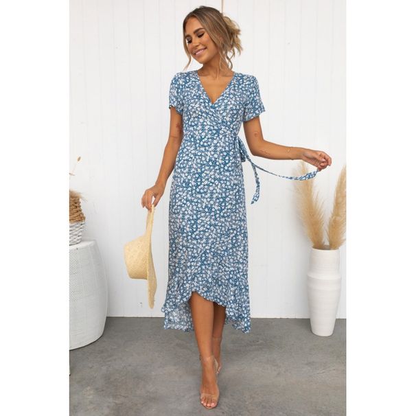 Summer New Style Women V Neck Short Sleeve Printed Tie Waist Open Front Cardigan Dress Fashion Womenswear Outfit_ecoleips.com