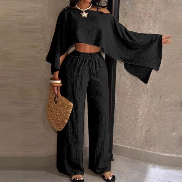 Women's Fashion Off-Shoulder Top With Elastic Waist And Pockets Solid Color Irregular Hemline For Beach Vacation_ecoleips.com