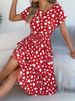 Elegant Heart Print Lace-up Dress Summer Women Round Neck Pleated Medium Long Dress_ecoleips.com