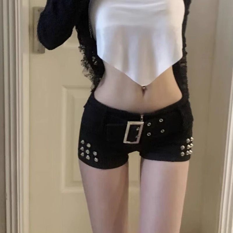 2025s Spicy Girl Dark Y2K Studded Low Waist Ultra Short Denim Shor For Women New Pure Desire Versatile Tight Bodycon Hot_ecoleips.com